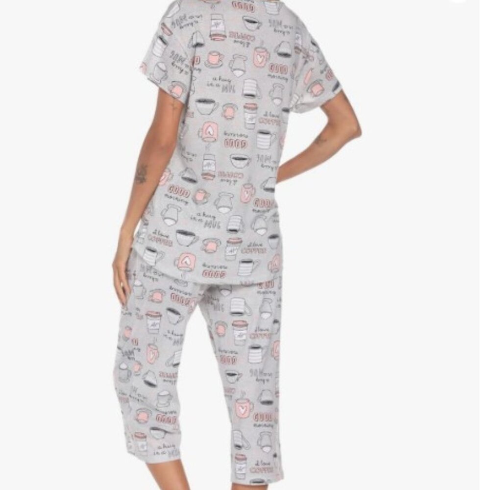 Enjoy Night Coffee Print Pajama Set in Dove Grey, Pink, and White‎ | Capri Pants - Picture 2 of 15